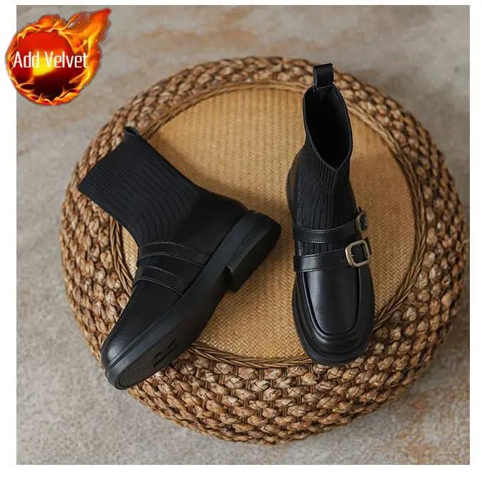 Fashion Elegant with Medium Heels Short Shoes for Woman Sock Booties Round Toe Women's Ankle Boots Brown Elastic Footwear Spring Autumn
