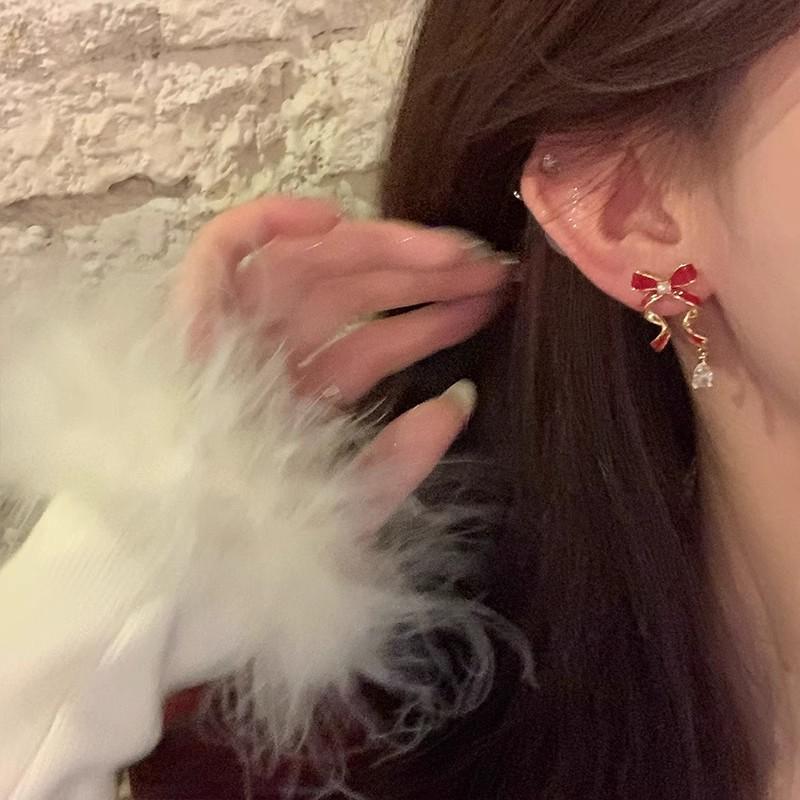 Elegant Red Bow Zircon Earrings for Women