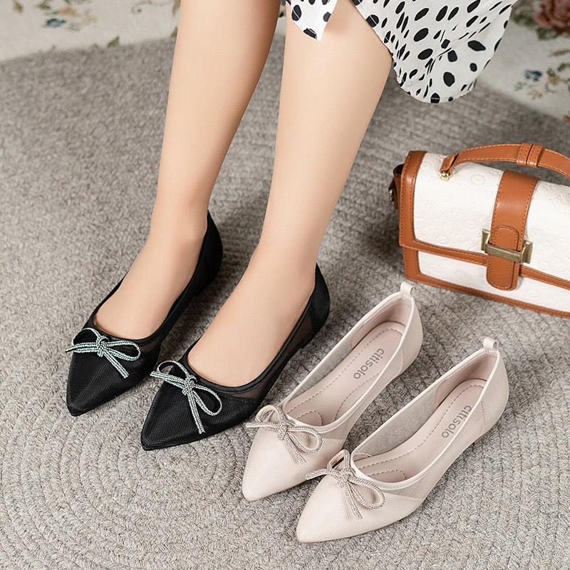 Sweet Butterfly Knot Breathable Mesh Flat Bottom Pointed Toe Casual Shoes for Women Spring Summer Fashion Versatile Slip-On Shoe