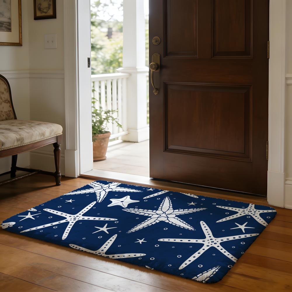 Blue Starfish Floor Mat Soft Flannel Absorbent Mat Non-Slip Rug Home Bedroom Bathroom