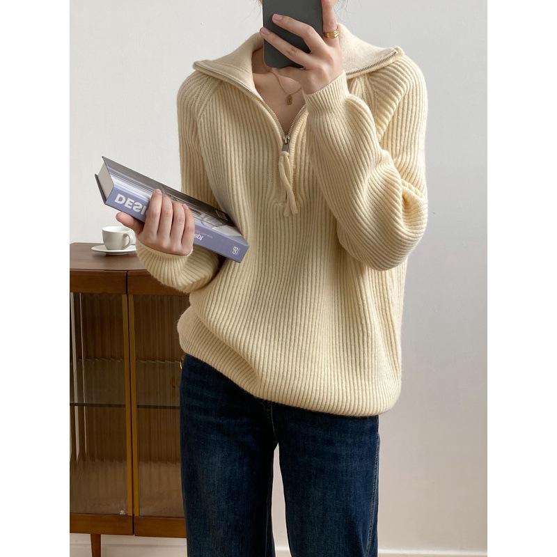 Lazy wind thickened lapel sweater women's autumn and winter soft waxy pullover zipper sweater knitted sweater jacket women