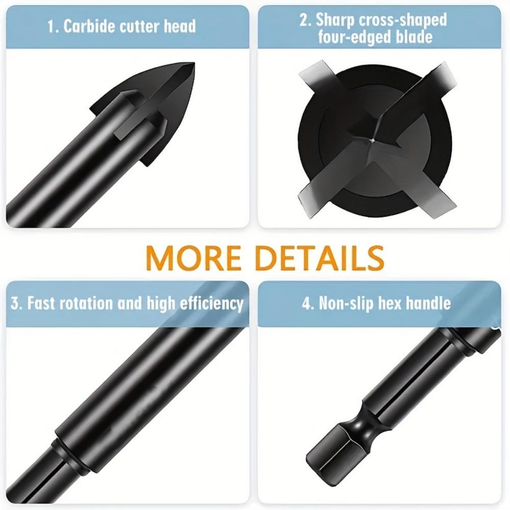 Universal Drilling Tool, Hexagonal Handle Cross Boring Triangle Bit, Glass Ceramic Woodworking Power Tool, Cross Spear Bit 3/4/5/6/8 Mm