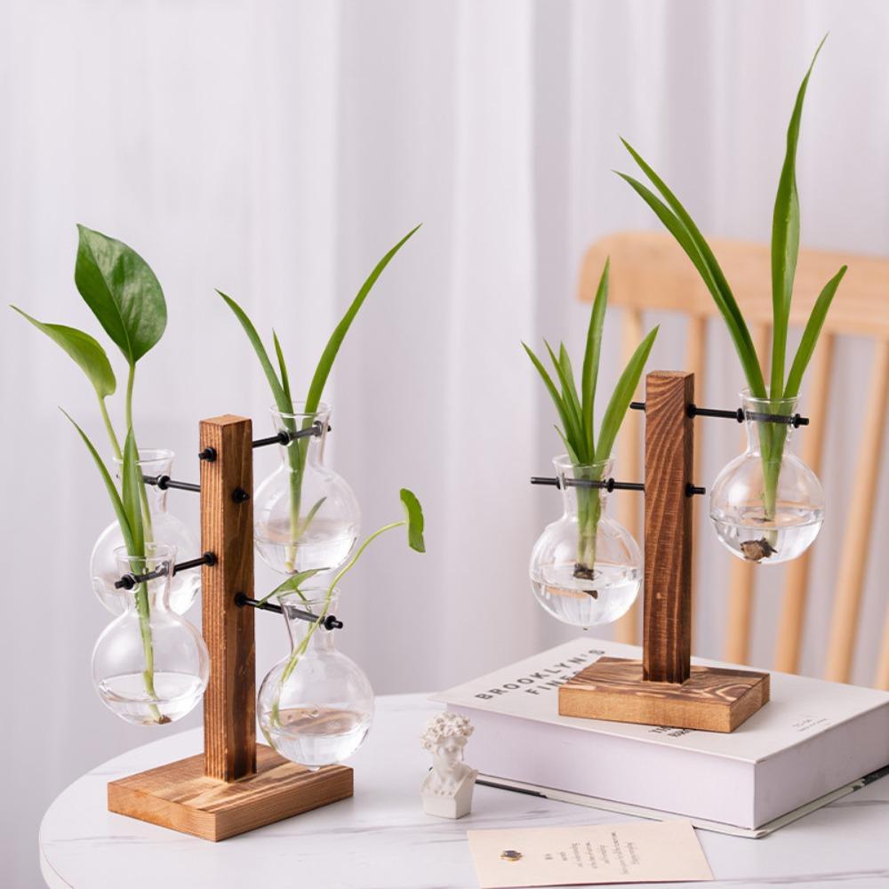 Innovative Hanging Wooden Frame Glass Hydroponic Vase Green Ivy Glass Vase Flower Container Desktop Decoration Ornament