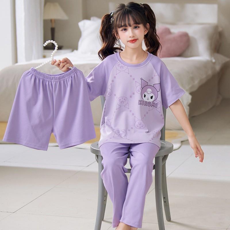 Girls Cotton Pajama Set Lightweight Short Sleeve Long Pants 3-Piece Sleepwear Kids Ages 8