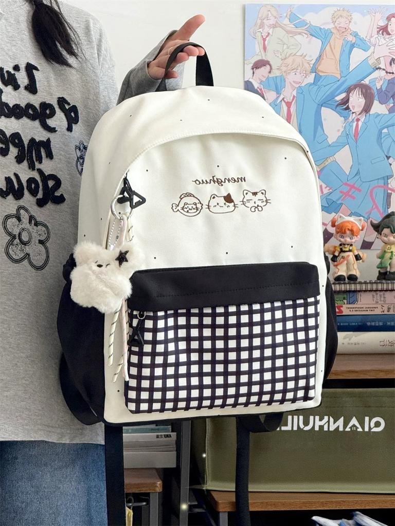Schoolbag Japanese Cartoon Cat Embroidered Backpack Multi-color Plaid Splicing Student Schoolbag with Pendant Large Capacity Campus Backpack
