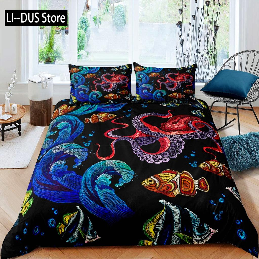 The Underwater World Bedding Set Single Twin Full Queen King Size Fish Bed Set Aldult Kid Bedroom Duvetcover Sets 3D Print 014