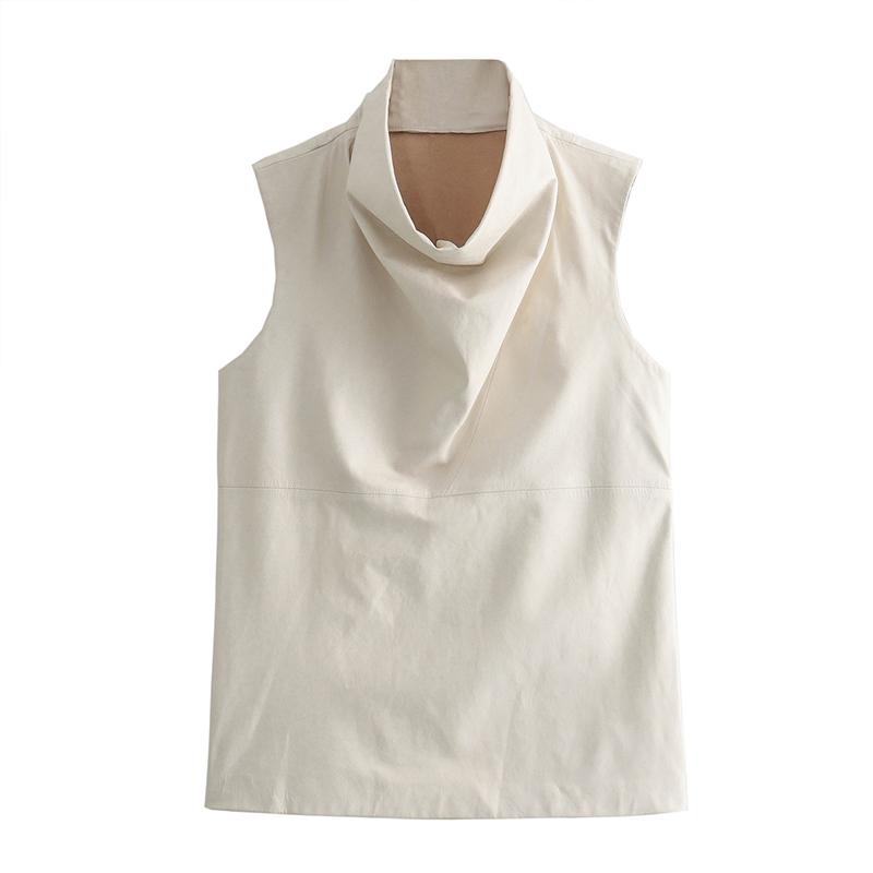 Elegant Stand Collar Soft Blouse Women Loose Draped Sleeveless Solid Shirts Summer Stylish Casual Lady Tops