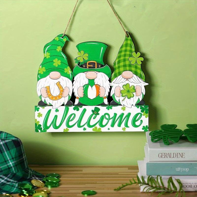1pc Farmhouse Wooden Hanging Pendant, St. Patrick's Leprechaun Gnome Welcome Sign for Porch/Wall/Front Door Decor