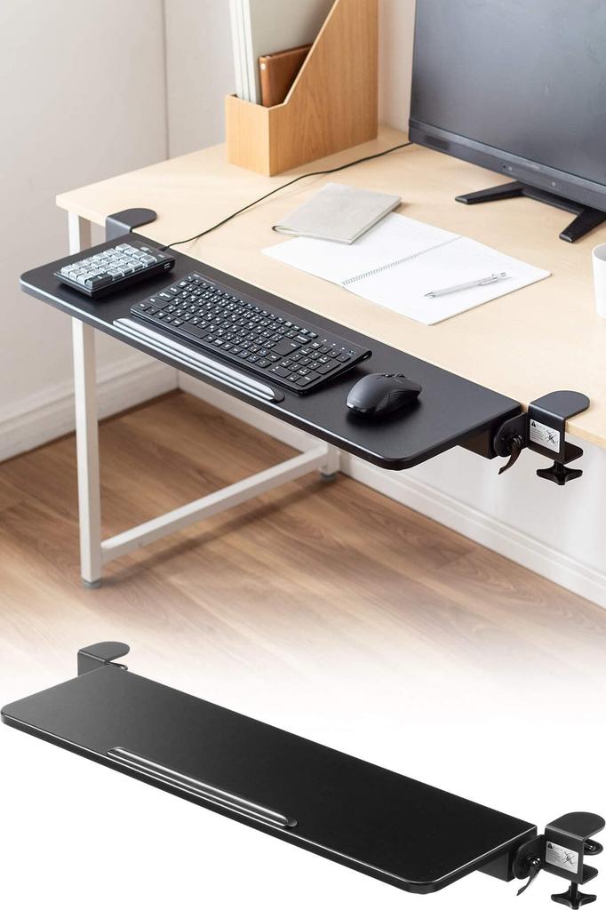 Sanwa Direct Desk Extender, Folding Desk Extension, Clamp Mounting, [Tabletop: 80cm Wide X 23cm Deep], Black, 100-KB018BK