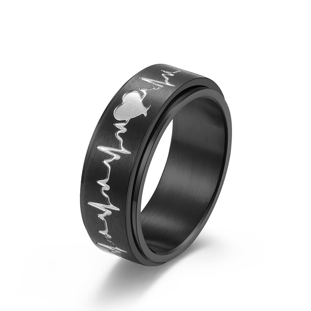 Titanium Steel Rotating Electrocardiogram Couple Ring, Heartbeat, Decompression, Stainless Steel Matching Ring, Hand Jewelry