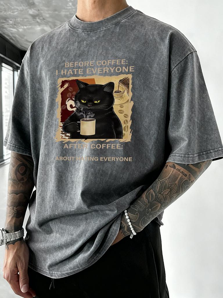 Cats Love To Drink Coffee Print Men Washed TShirt Casual Loose T Shirts Summer Cotton Streetwear Soft Breathable Short Sleeve