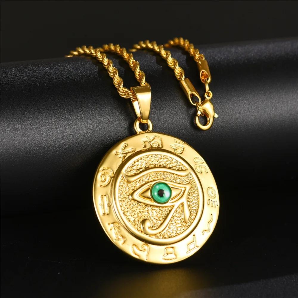 Eye of Horus Muslim Rune Pattern Round Pendant Necklace Men's Necklace Sliding Pendant Metal Necklace Amulet Accessory Jewelry