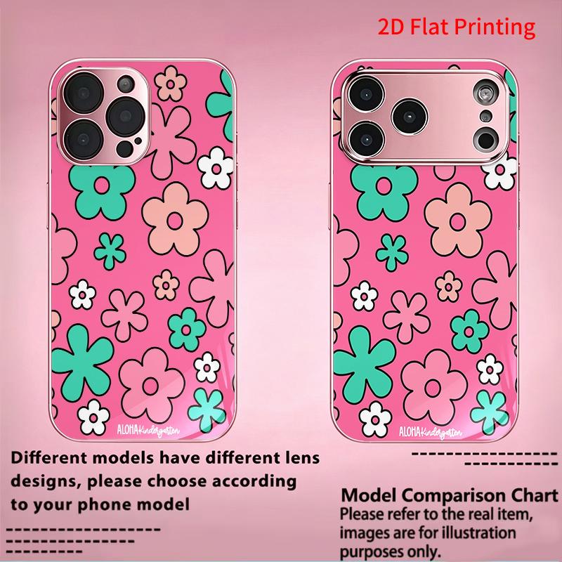 2DFlat electroplated tempered glass phone case,Pink Background with Teal,and Peach Flowers,suitable for iPhone 18 Pro Max 17 16 15 14 13 12 11