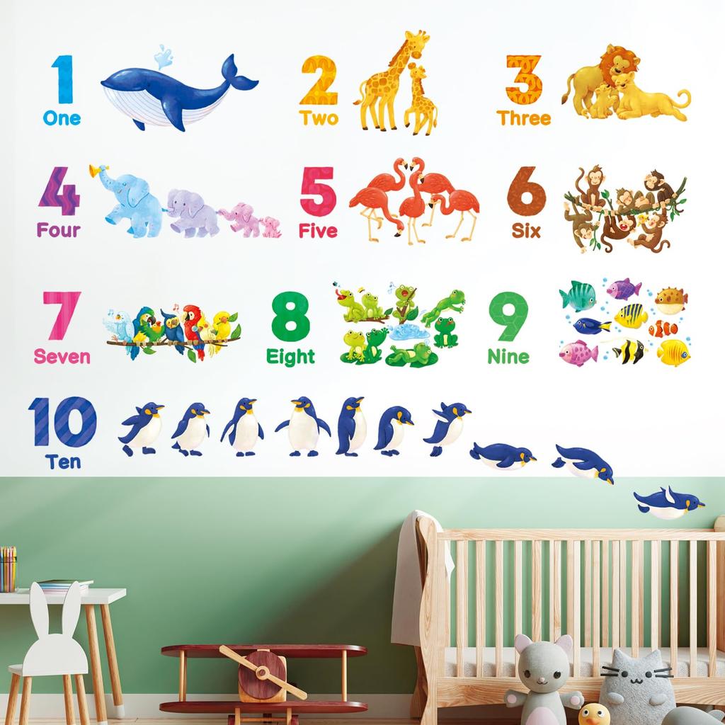 DECOWALL Numbers and Animals Wall Stickers Decorative Wall Art for DIY Wall Transfer Stickers for Room Living Kitchen DS12-8076 - Kindergarten,