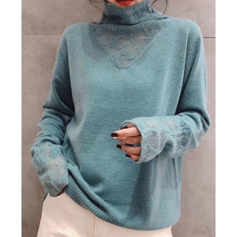Φθινοπωρινό και χειμωνιάτικο πουλόβερ με ζιβάγκο Λεπτό μακρυμάνικο πουλόβερ με δαντέλα με ραφές στο κάτω μέρος Γυναικείο πουκάμισο