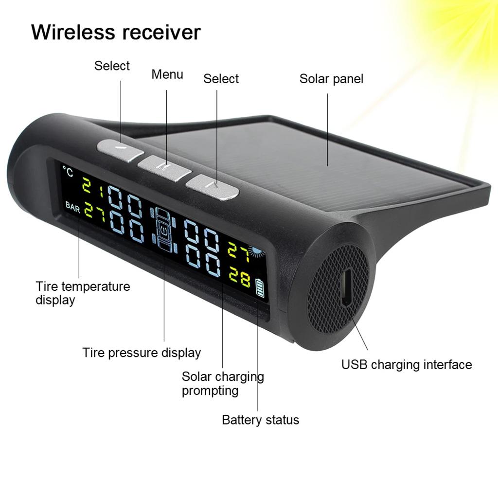 Car TPMS Tire Safety Monitoring System Solar Power Digital LCD Display Auto Security Alarm External Tyre Pressure Sensor