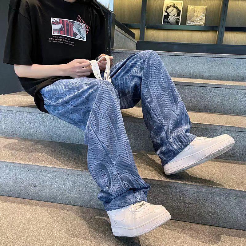 Trendy Corduroy Men's Full-Print Casual Pants: Retro Loose-Fit Straight Trousers for Spring & Autumn