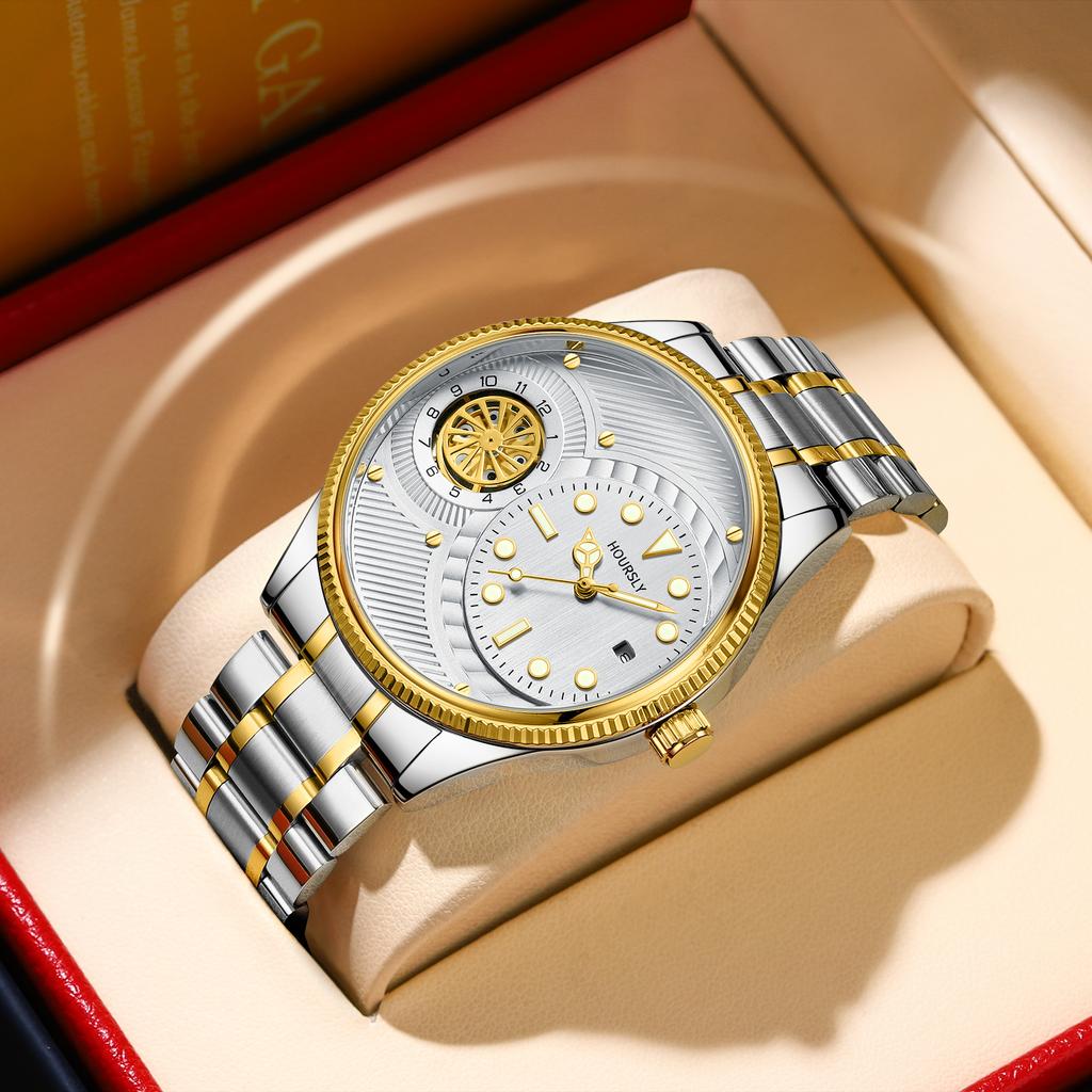 Relojes de moda para hombre esfera circular simple con plato giratorio giratorio luminiscente calendario correa de acero inoxidable adecuado para la vida diaria