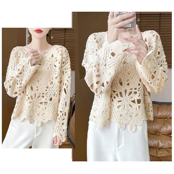 Early Autumn Heavy Industry Crocheted Hollow-Out Pullover Loose Top Long-Sleeved Sunscreen Knitted Blouse