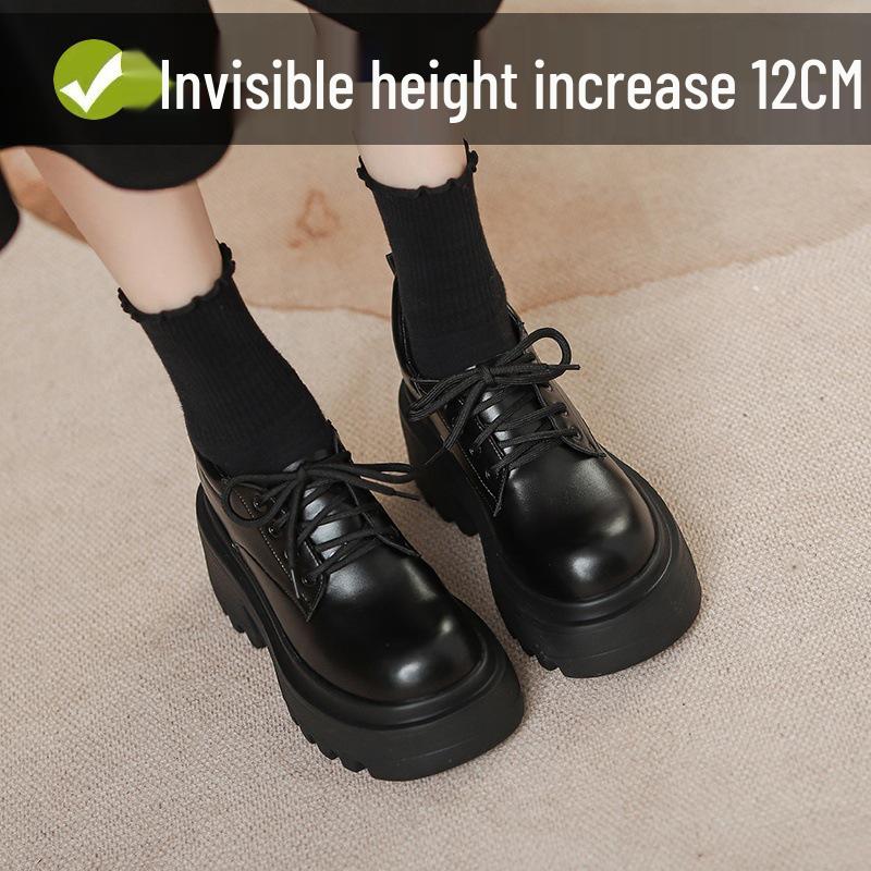 12cm Height Boost Chunky Heel Black Leather Loafers for Women, British Style, Lace-up High Heels for Spring & Autumn