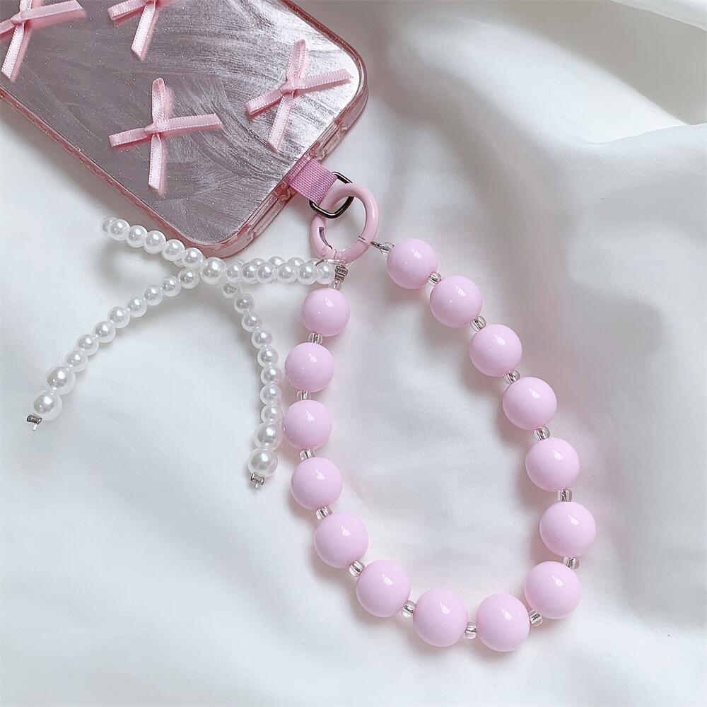 Pink Beaded Bow Keychain Mobile Phone Chain Earphone Bag Anti-Lost Rope Car Keychain Girls Fashion Backpack Pendant Accessories