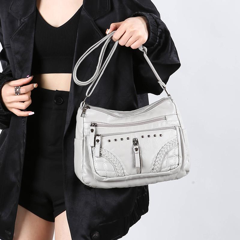 Damentasche Weiches Leder Mehrschichtige Schultertasche Einfarbige Umhängetasche Leichte Muttertasche