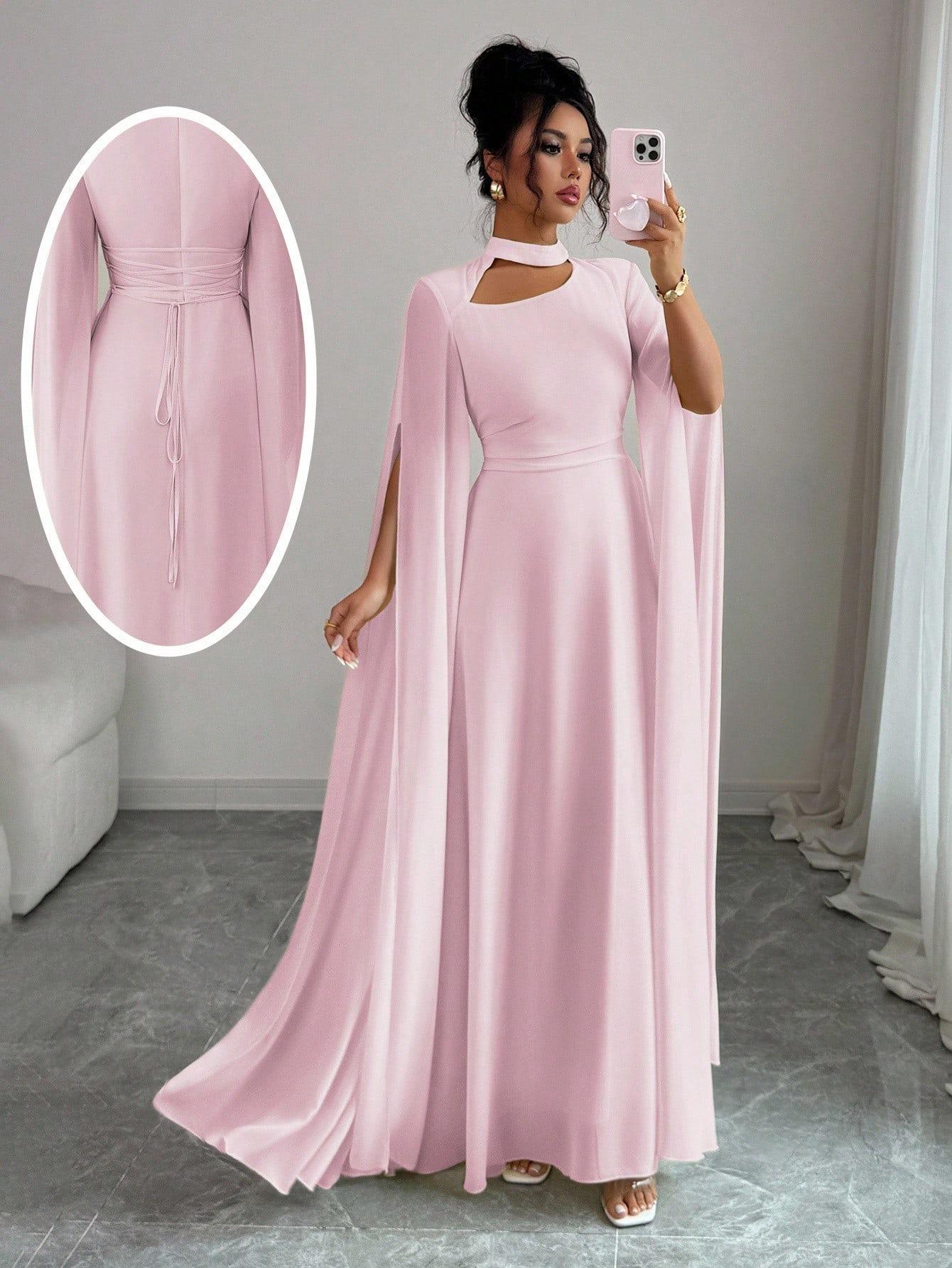 Europäisches & Amerikanisches Damen Herbst Einfarbiges Formelles Strickkleid mit Puffärmeln - Luxuriöser Süßer Prinzessinnen-Stil S rosa