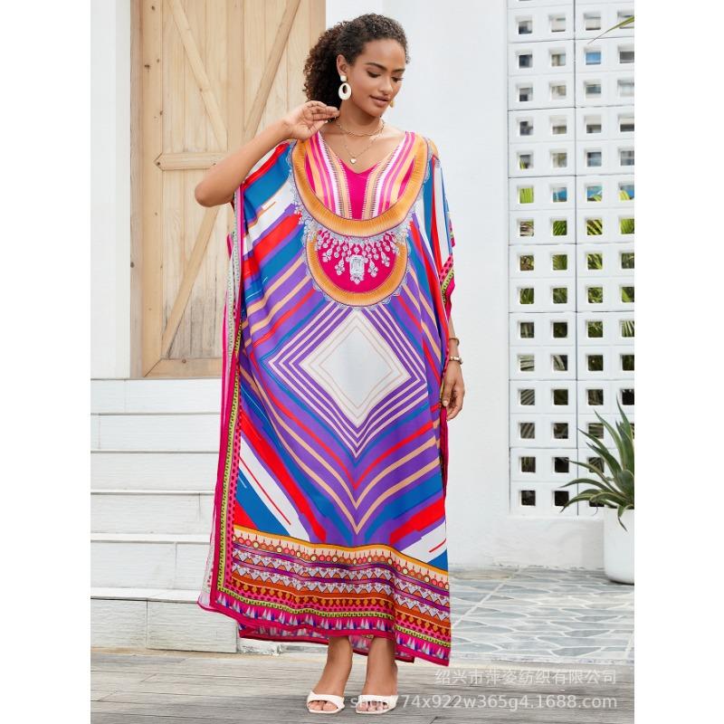 Plus Size Beach Print Dress for Women Bat Sleeve Bikini Suntan Cover Up