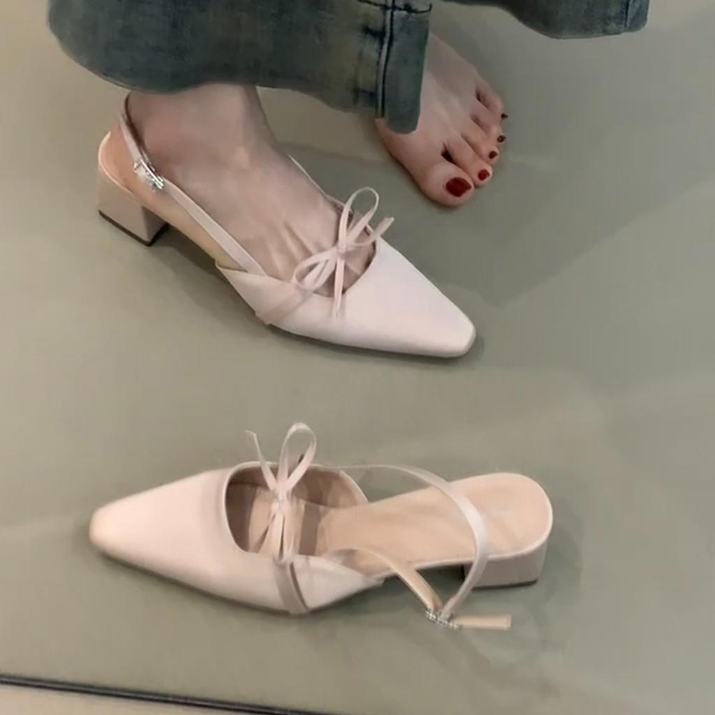 Gentle fairy style temperament satin high heels single shoes female versatile square head bow back strap sandals