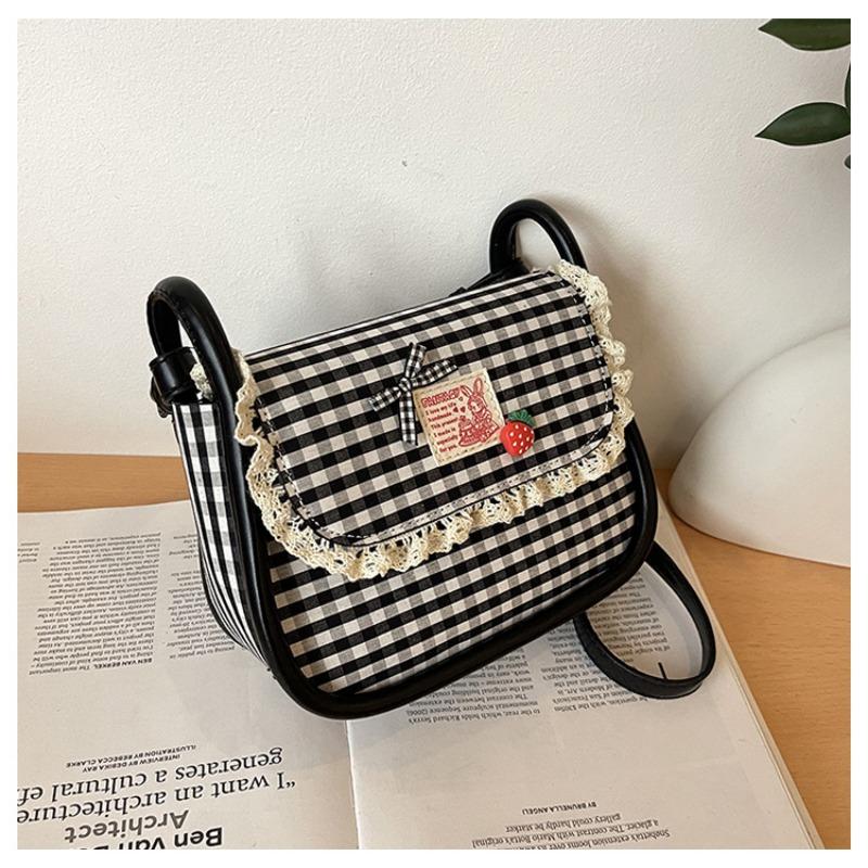 

Contrast color plaid canvas small bag women s new fashion lace small square bag versatile shoulder messenger bag чорний