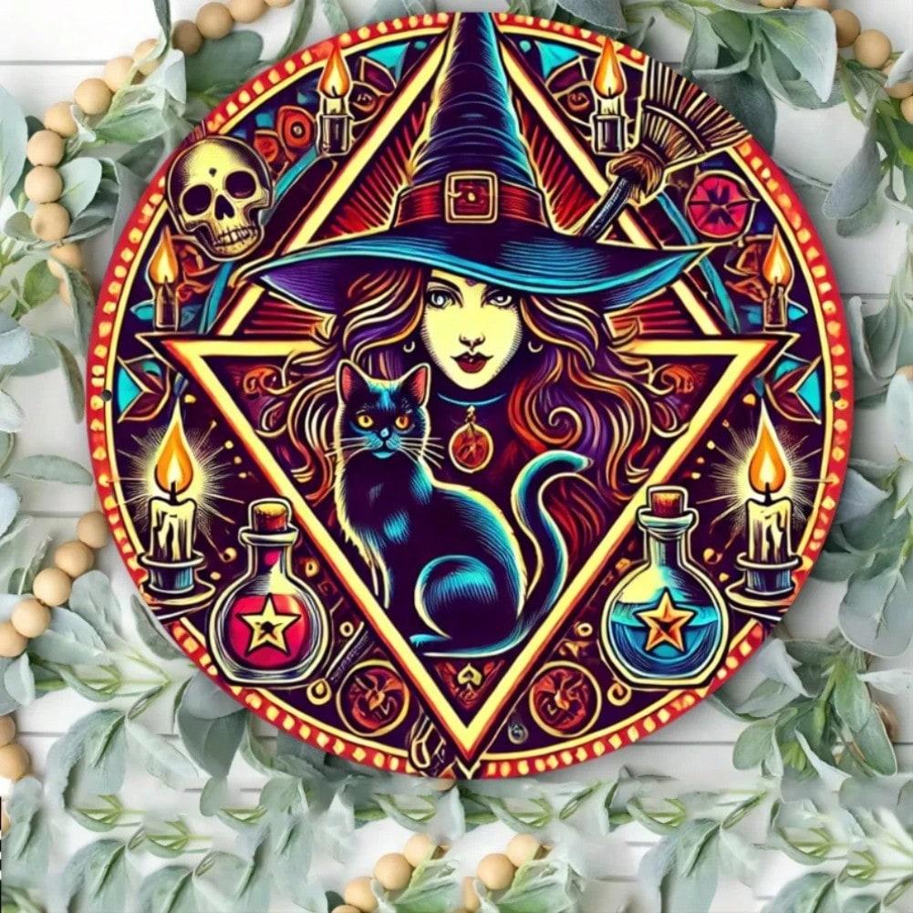 Vintage Witch Black Cat Metal Wall Art Sign Home Garden Decor Durable Weatherproof 20x20