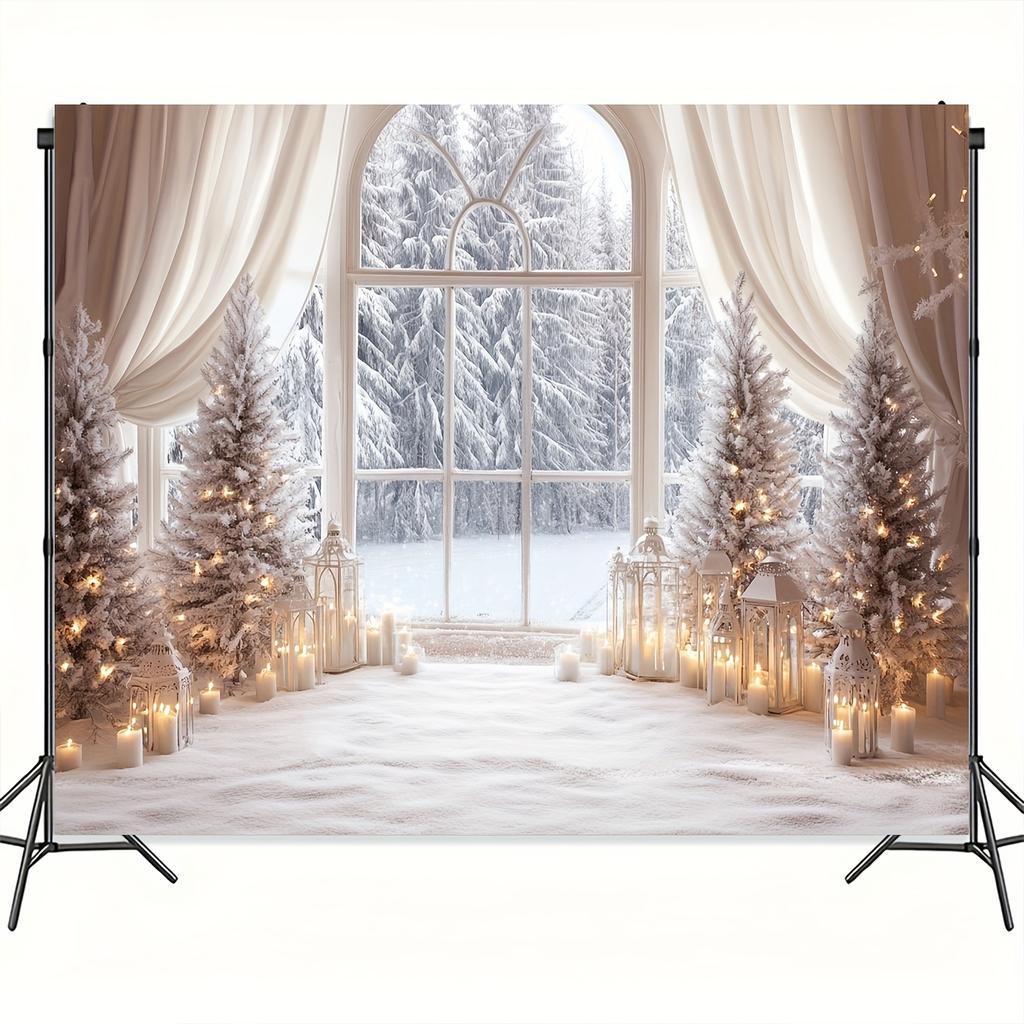 A Christmas Tree and a Polyester Background Cloth with a Snowy Scene Outside the Window Suitable for Living Room Decoration