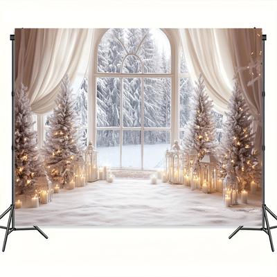 A Christmas Tree and a Polyester Background Cloth with a Snowy Scene Outside the Window Suitable for Living Room Decoration