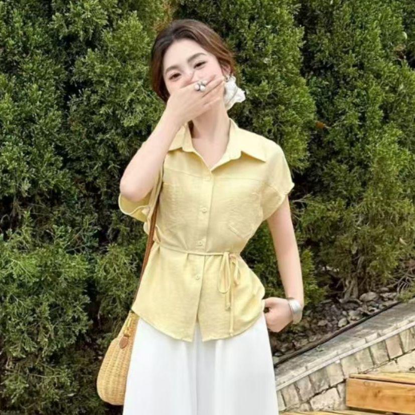 

Korean Style Short-Sleeve Shirt & High-Waisted Wide-Leg Pants Set for Women - 2026 Summer Collection M (Recommended for 90-105 jin)