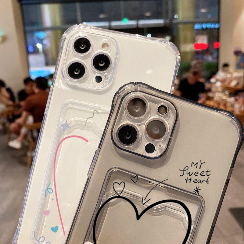 Card Bag Holder Clear Case For iPhone 16 15 14 13 12 11 Pro Max With Love Heart Pattern Cover For iPhone XS Max XR 7 8 Plus Case