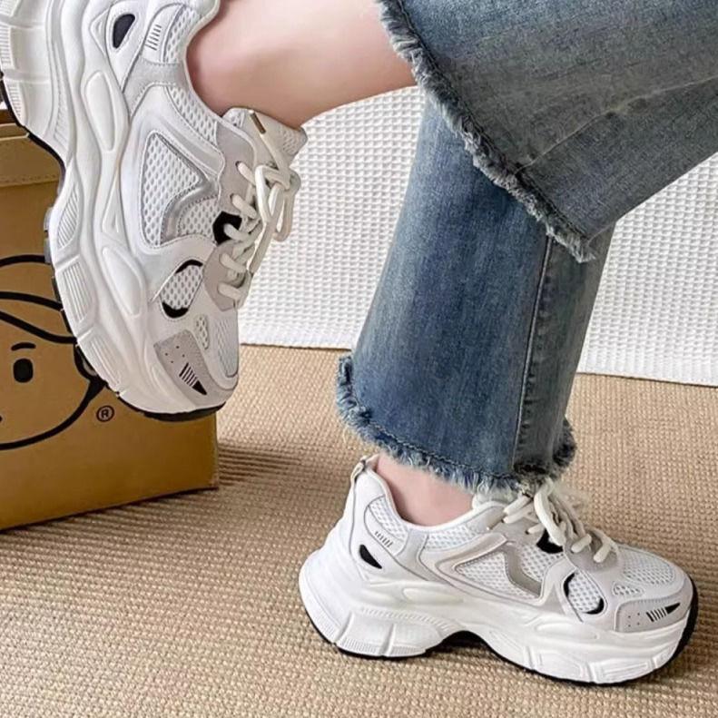 Dad Shoes Girl 2025 Spring Versatile Breathable Little White Shoes Korean Version Height Increasing Thick-soled Lightweight Casual Shoes Hot Sale