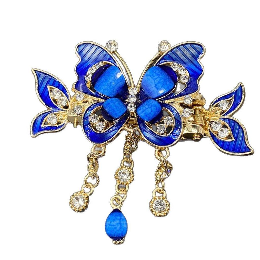 Korean Butterfly Rhinestone Tassel Hair Clip for Women - Bow Knot Crab Bun Holder Retro Style