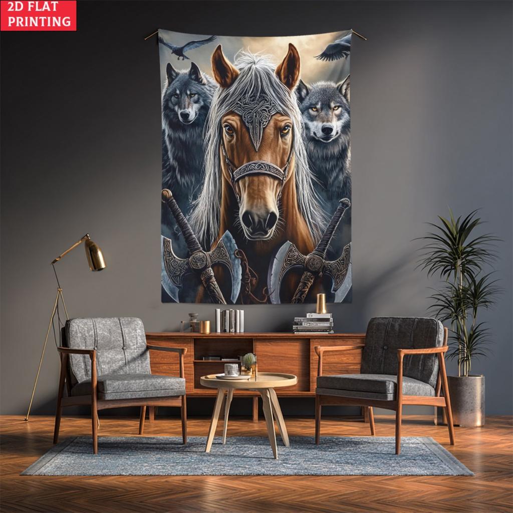 Viking Horse Wolves Axes Warrior Tapestry Norse Mythology Wall Art Nordic Decor Living Room Bedroom Decoration