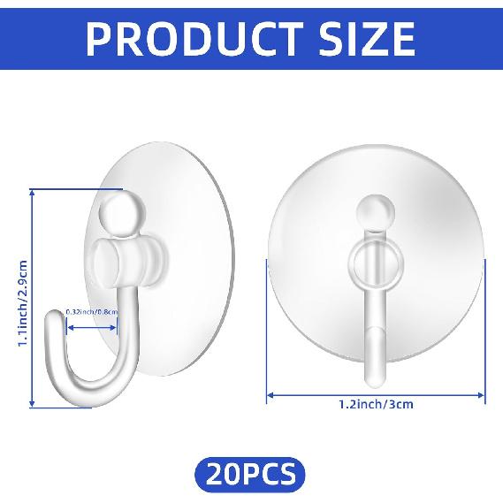 20Pack Suction Cup Hooks 1.2Inch Clear PVC Suction Cups Hooks, Removable and Reble Utility Hooks for Glass Windows, Mirrors, Doors, Tiles, Shower,
