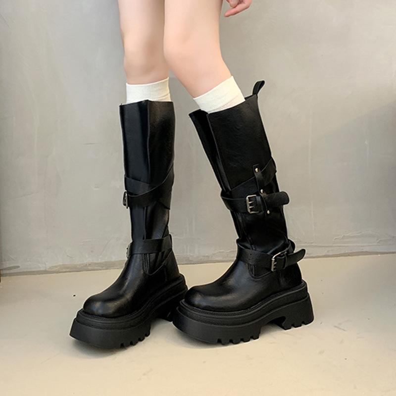 But knee boots 2025 new women's boots spring and autumn models temperament super fire retro lightweight belt buckle boots