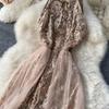 Sexy Sequin Patchwork Mesh Halter Dress Chic Elegant Evening Party Luxury Robe Women High Waist Slim Ceremonial  Dress