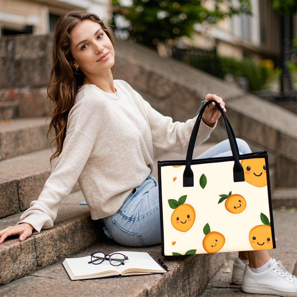 Cute Smiling Citrus Print Tote Bag Casual Daily Use Canvas Shoulder Handbag for Shopping Trip