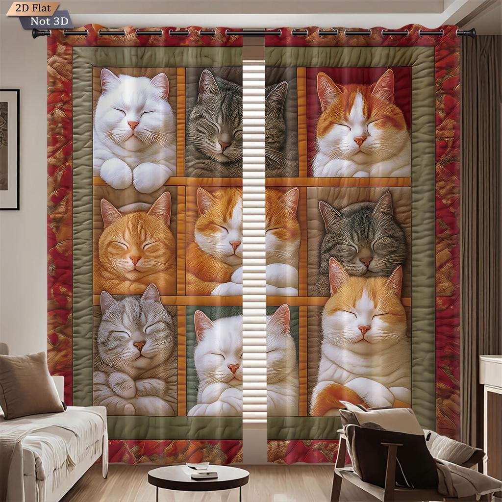 Room Darkening Spliced Cat Print Curtain Thermal Insulation Multiple Sizes Living Holiday Decoration Set Of 2 Made Polyester Washable Sitting Ready
