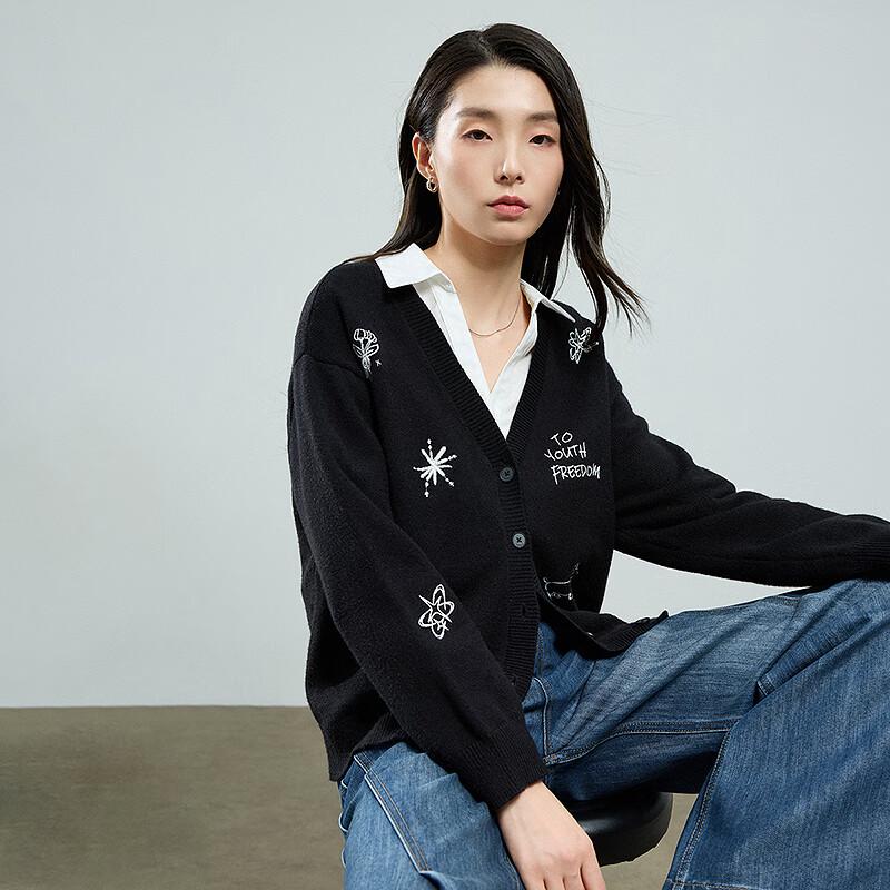 Chuyu V-Neck Knitted Cardigan with Cartoon Embroidery