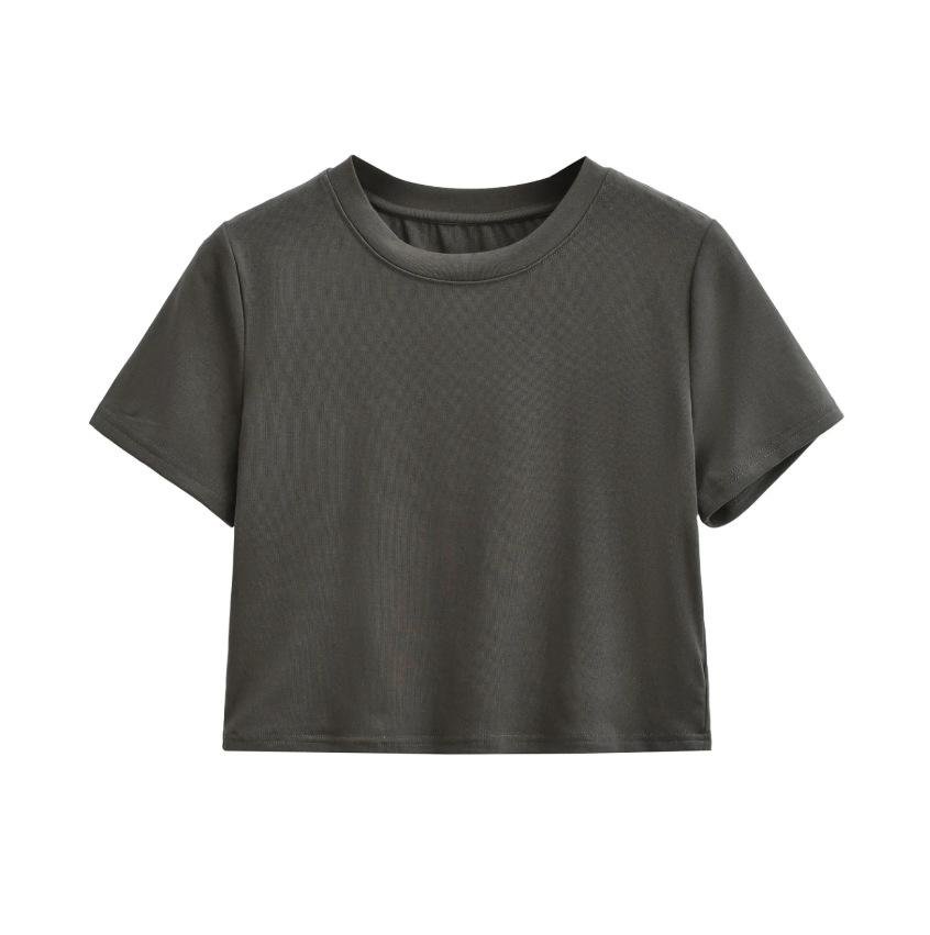 Front Shoulder Crew Neck Short Sleeve T-Shirt Women's Summer New American Spice Girl Style Solid Color Skinny Short Bottom Top