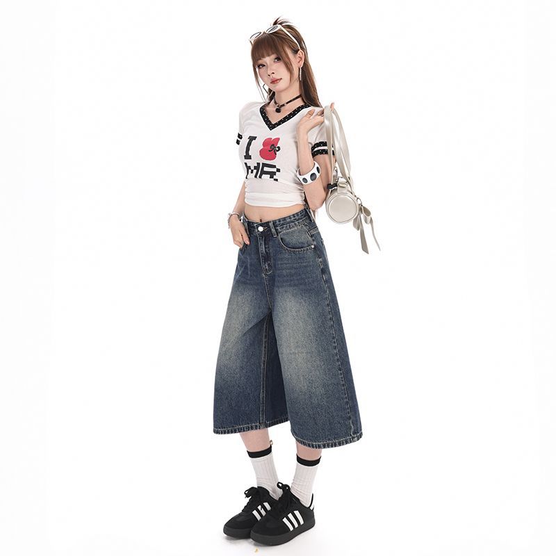 Trendy Summer Dark Blue High Waist Embroidered Loose Wide Leg Cropped Capri Denim Pants For Women Versatile Slimming FigureFlattering Casual Bottoms