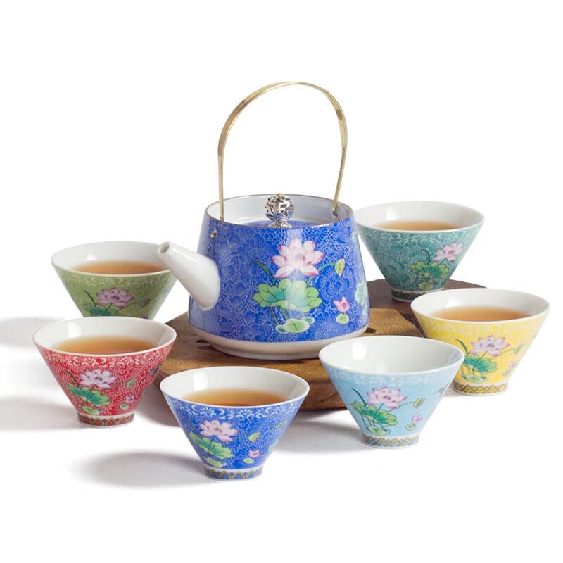 Jingdezhen Famille Rose Carved Lotus Ceramic Tea Set with Dark Blue Beam Pot