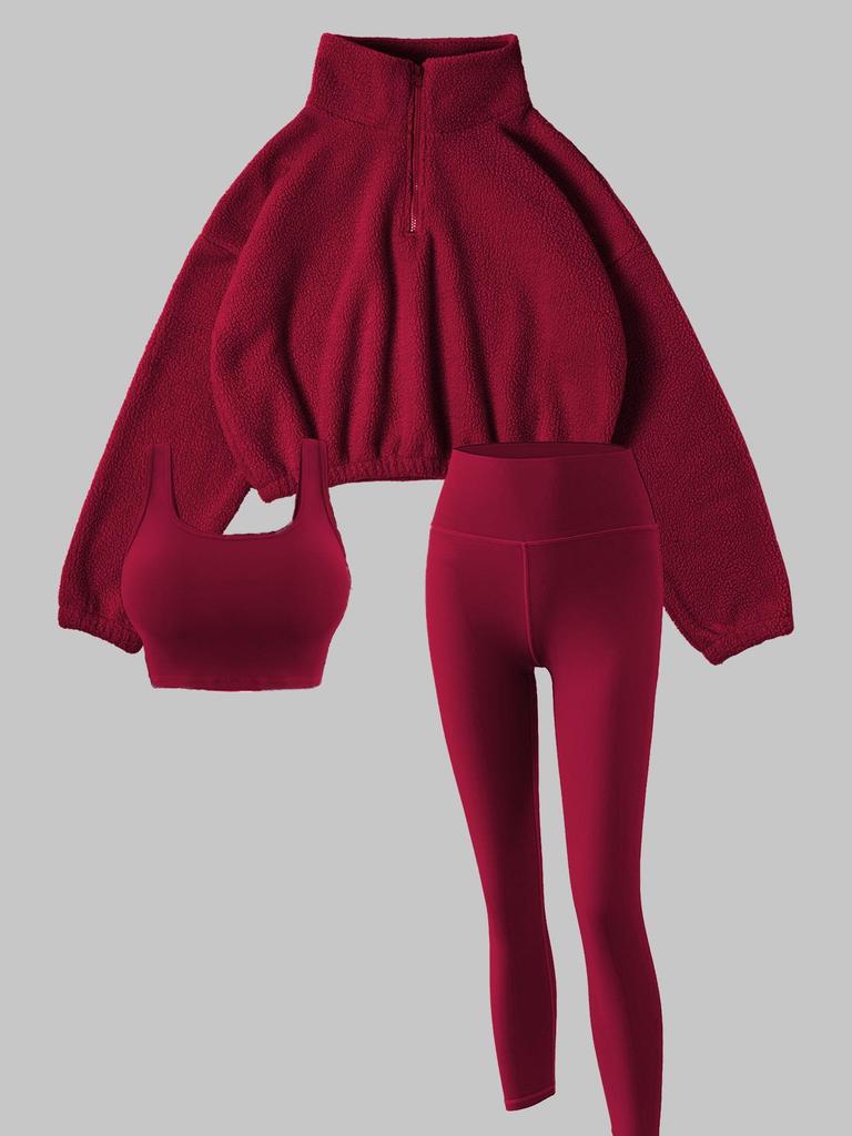 European & American Autumn/Winter Women's Fleece Three-Piece Set: High-Neck Half-Zip Sweatshirt, Vest, and Long Pants for Fitness.