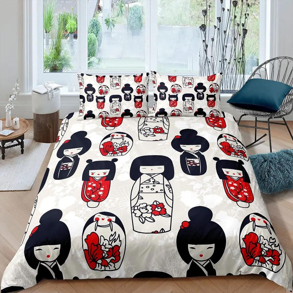 Japanese Geisha King Queen Duvet Cover Red Woman Bedding Set For Kids Teens Adults Koi Fish Eastern Culture 2/3Pcs Quilt Cover