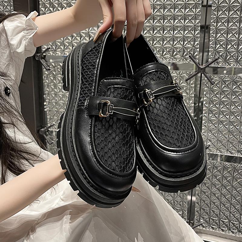 Mode Frühling Damen Freizeitschuhe Mesh Obermaterial Mittelhoher Absatz Runde Spitze Damenschuhe Blockabsatz Flacher Ausschnitt Atmungsaktiv Zapatos De Mujer